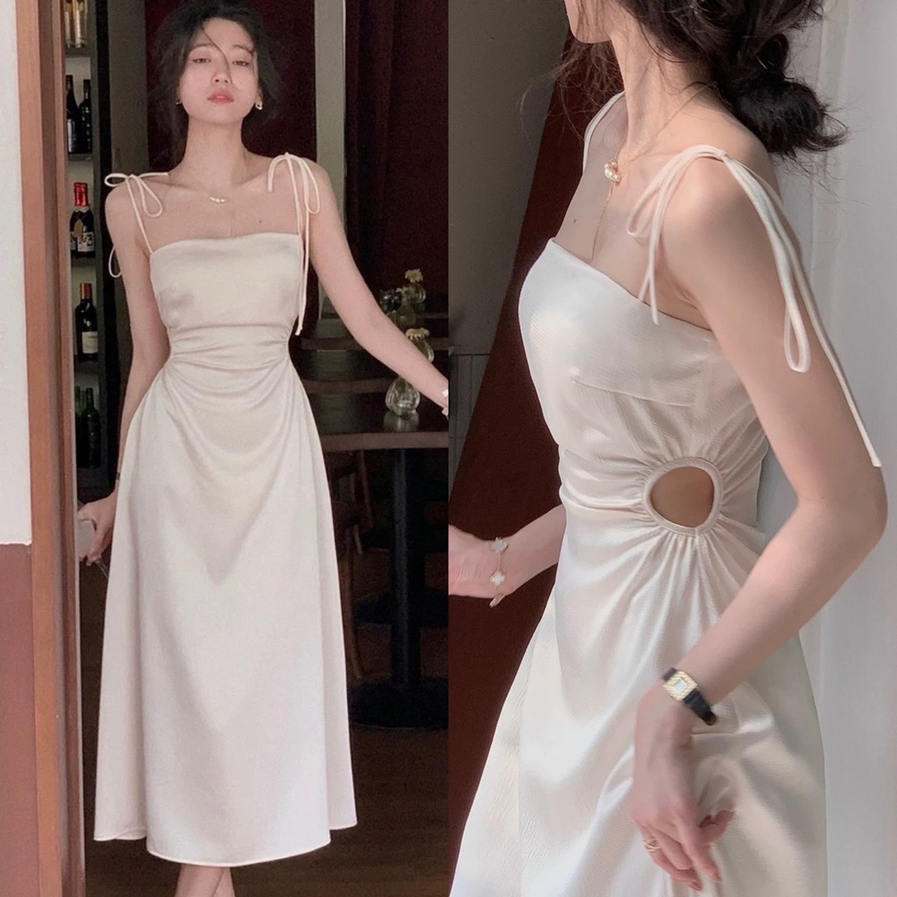 NEW Ivory Self Tie Strap Cutout Waist Midi Dress